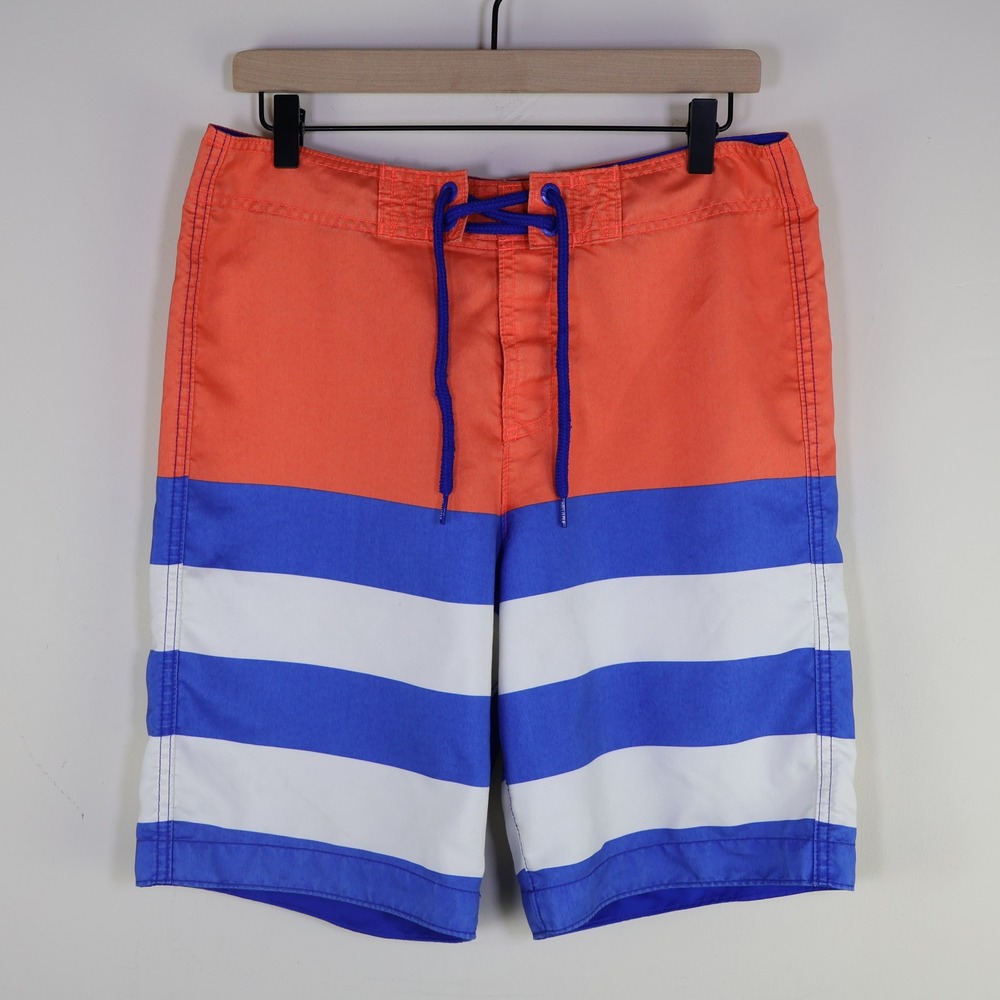 Hollister Colorblock Striped Board Shorts Size M Surf Swim Trunks Orange Blue
